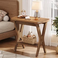 Solid Wood Side Table, 2-Tier End Table Nightstand with Storage for Living Room