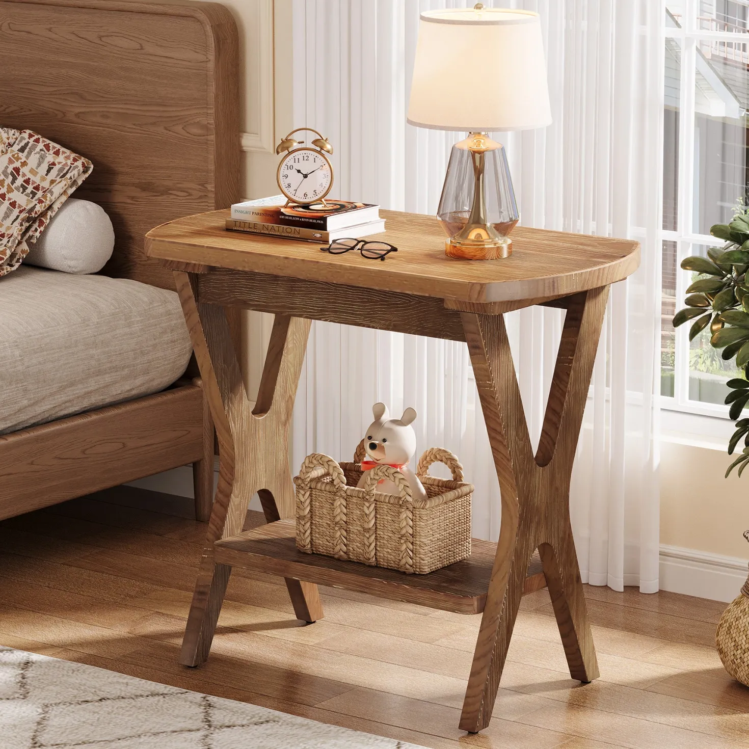 Solid Wood Side Table, 2-Tier End Table Nightstand with Storage for Living Room