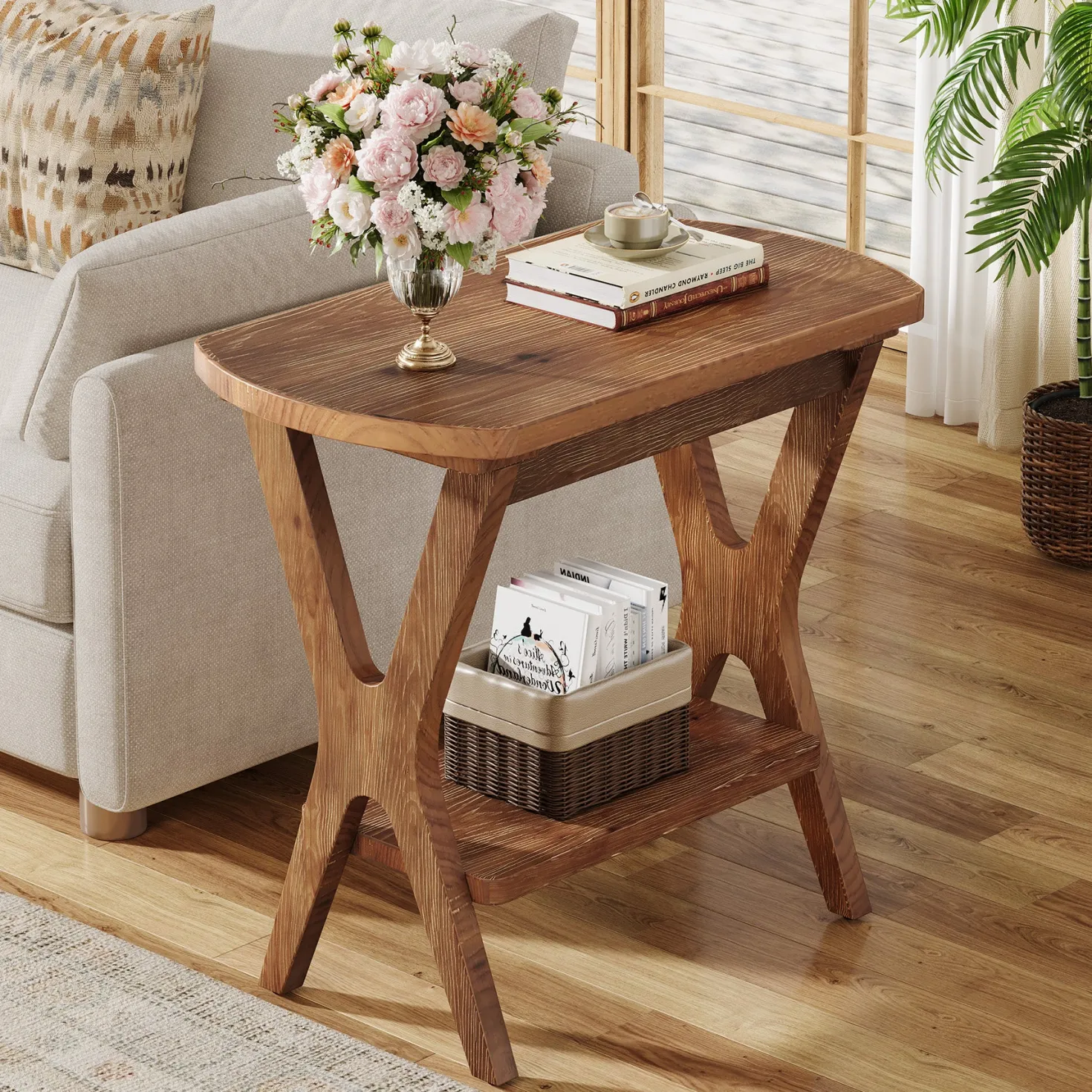 Solid Wood Side Table, 2-Tier End Table Nightstand with Storage for Living Room