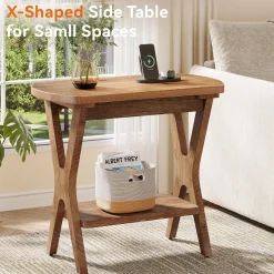 Solid Wood Side Table, 2-Tier End Table Nightstand with Storage for Living Room