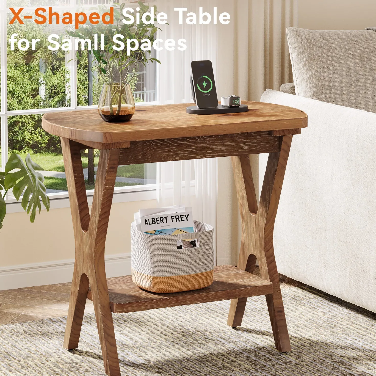 Solid Wood Side Table, 2-Tier End Table Nightstand with Storage for Living Room