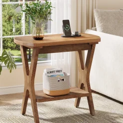 Solid Wood Side Table, 2-Tier End Table Nightstand with Storage for Living Room