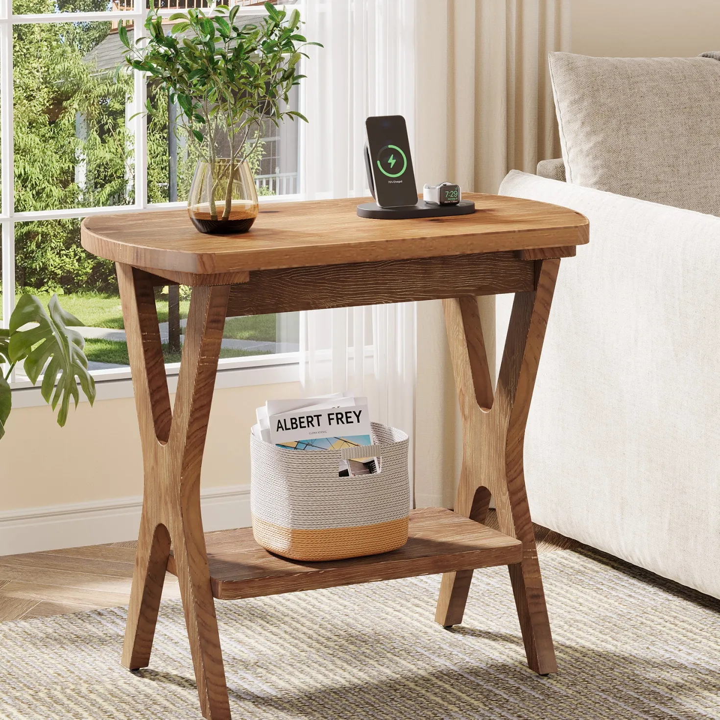 Solid Wood Side Table, 2-Tier End Table Nightstand with Storage for Living Room