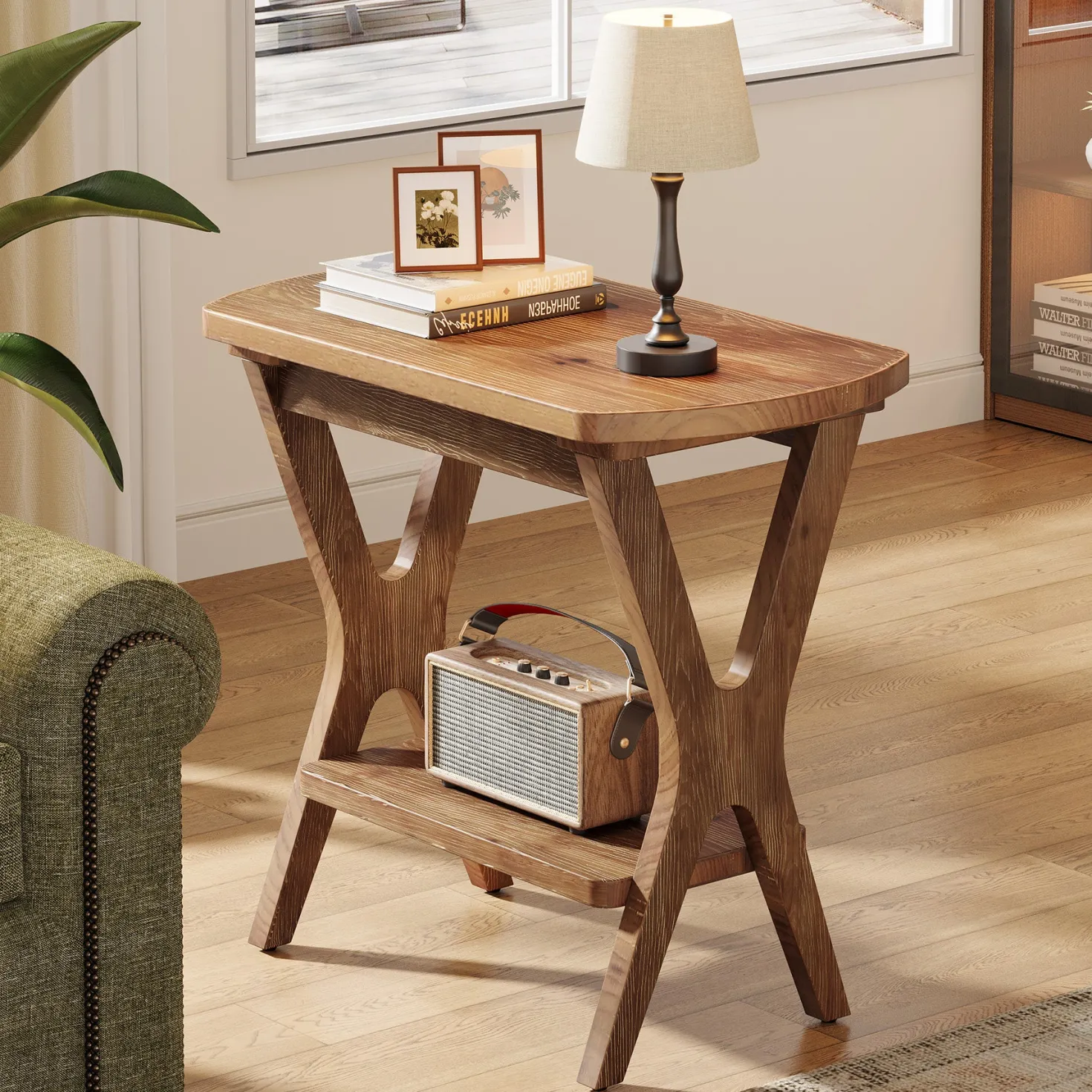 Solid Wood Side Table, 2-Tier End Table Nightstand with Storage for Living Room