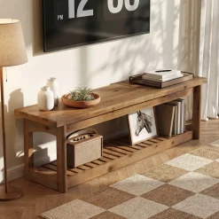 Solid Wood TV Stand, 63" Entertainment Center with Open Storage for Up to 70" TVs