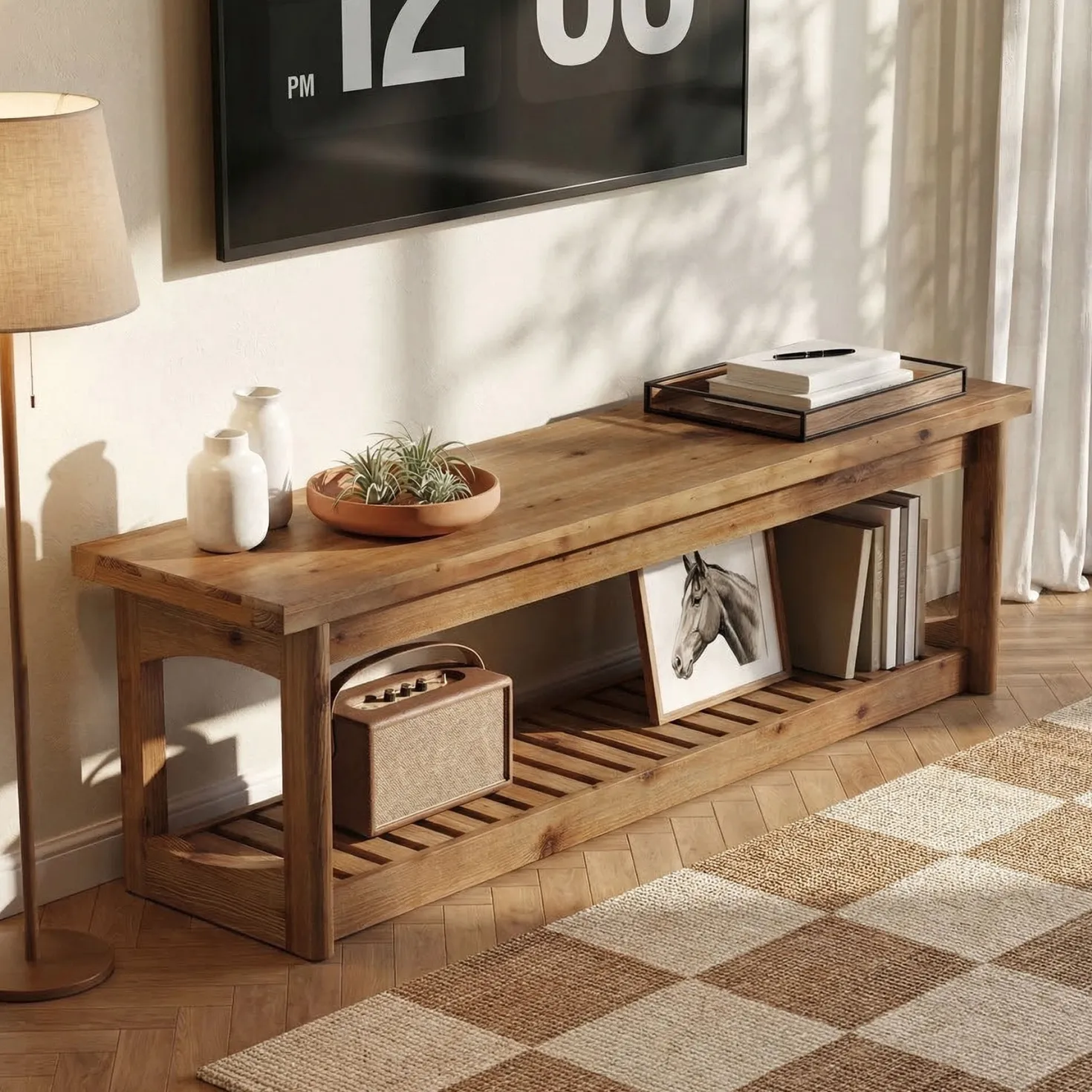 Solid Wood TV Stand, 63" Entertainment Center with Open Storage for Up to 70" TVs