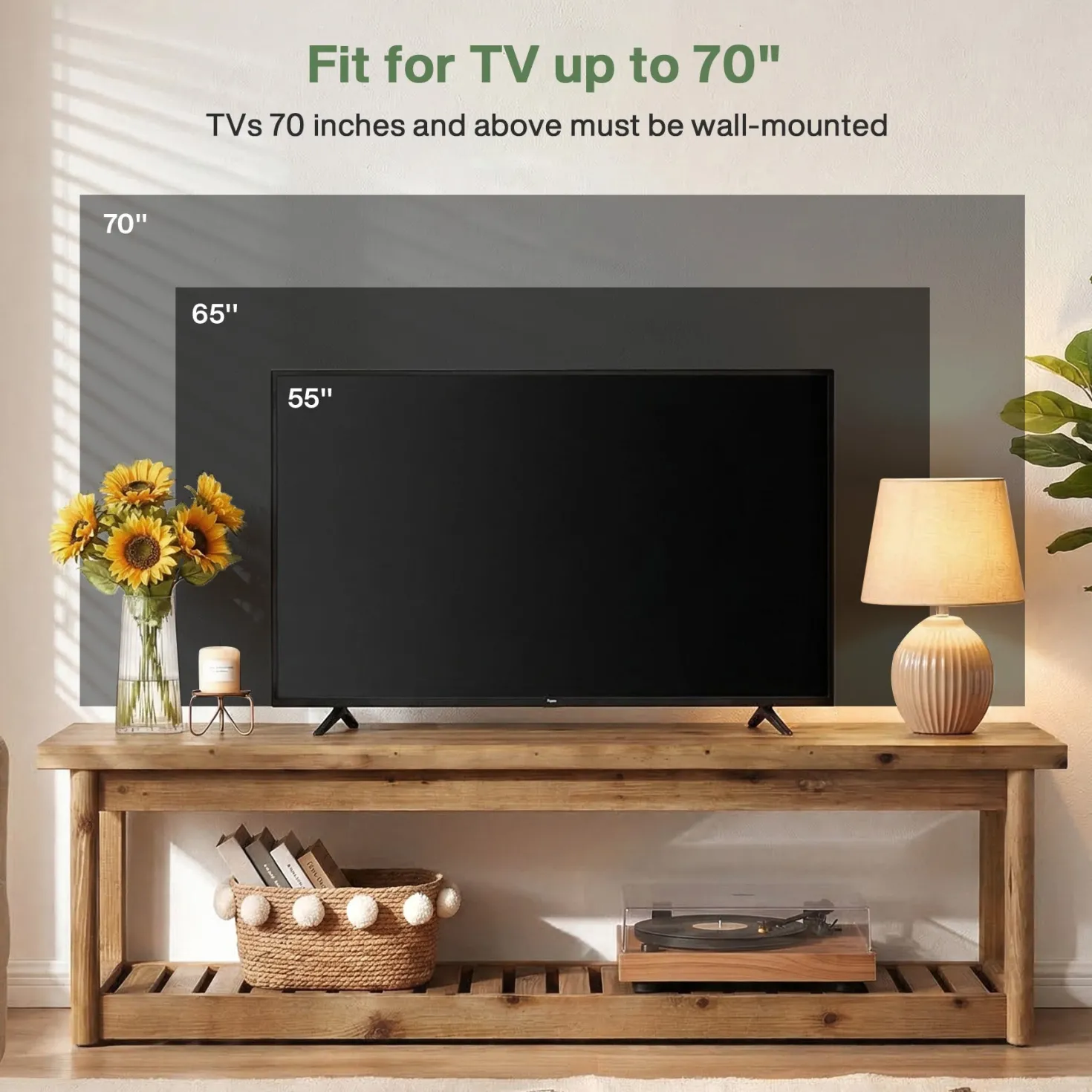 Solid Wood TV Stand, 63" Entertainment Center with Open Storage for Up to 70" TVs
