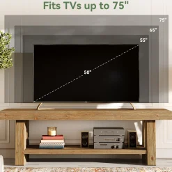 Solid Wood TV Stand for Up to 75 Inch TV, 2-Tier Farmhouse Media Console with Open Shelves