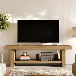Solid Wood TV Stand for Up to 75 Inch TV, 2-Tier Farmhouse Media Console with Open Shelves