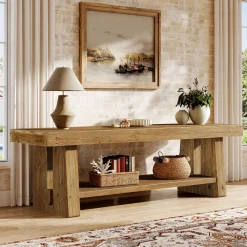 Solid Wood TV Stand for Up to 75 Inch TV, 2-Tier Farmhouse Media Console with Open Shelves