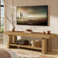 Solid Wood TV Stand for Up to 75 Inch TV, 2-Tier Farmhouse Media Console with Open Shelves
