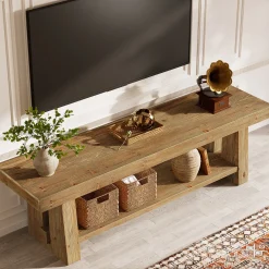 Solid Wood TV Stand for Up to 75 Inch TV, 2-Tier Farmhouse Media Console with Open Shelves