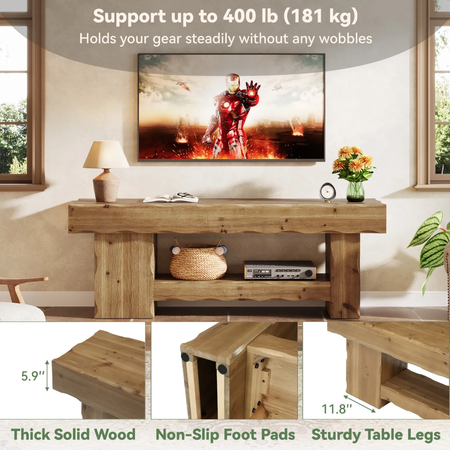 Solid Wood TV Stand for up to 75" TVs, 63" Media Console Entertainment with Shelves