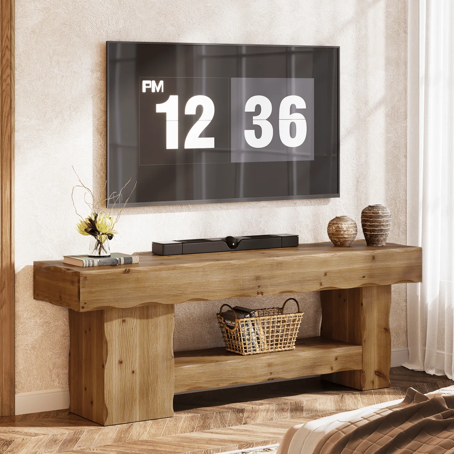 Solid Wood TV Stand for up to 75" TVs, 63" Media Console Entertainment with Shelves