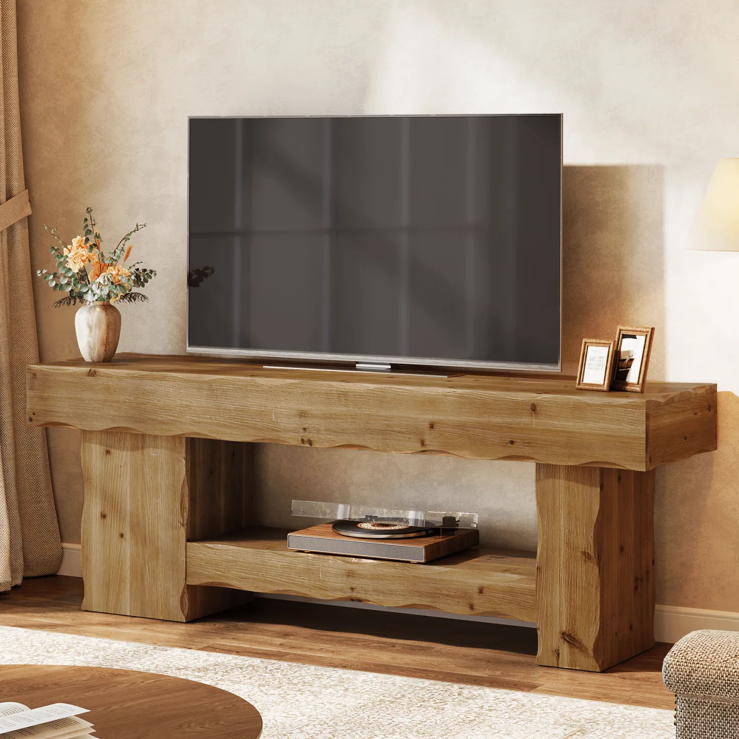 Solid Wood TV Stand for up to 75" TVs, 63" Media Console Entertainment with Shelves