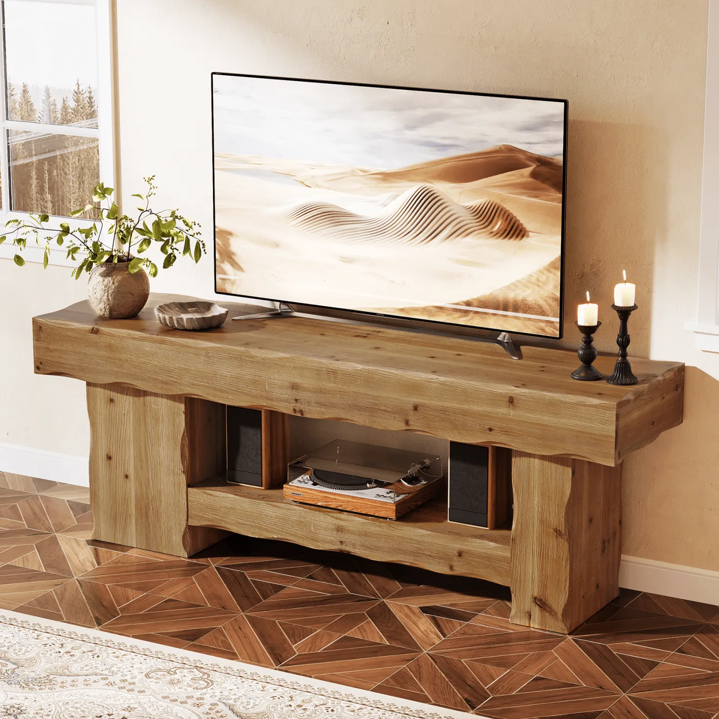 Solid Wood TV Stand for up to 75" TVs, 63" Media Console Entertainment with Shelves