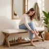 Solid Wood Upholstered Shoe Bench, Entryway Bench with Padded Seat and Storage Shelf