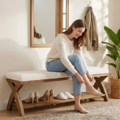 Solid Wood Upholstered Shoe Bench, Entryway Bench with Padded Seat and Storage Shelf