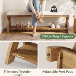 Solid Wood Upholstered Shoe Bench, Entryway Bench with Padded Seat and Storage Shelf