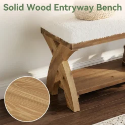 Solid Wood Upholstered Shoe Bench, Entryway Bench with Padded Seat and Storage Shelf