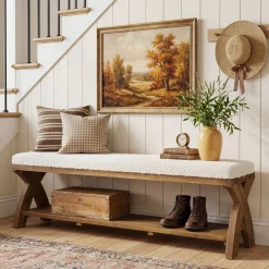 Solid Wood Upholstered Shoe Bench, Entryway Bench with Padded Seat and Storage Shelf