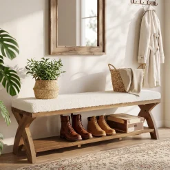 Solid Wood Upholstered Shoe Bench, Entryway Bench with Padded Seat and Storage Shelf