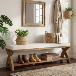 Solid Wood Upholstered Shoe Bench, Entryway Bench with Padded Seat and Storage Shelf