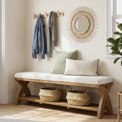 Solid Wood Upholstered Shoe Bench, Entryway Bench with Padded Seat and Storage Shelf