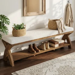 Solid Wood Upholstered Shoe Bench, Entryway Bench with Padded Seat and Storage Shelf