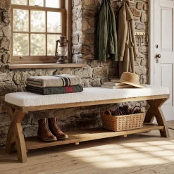 Solid Wood Upholstered Shoe Bench, Entryway Bench with Padded Seat and Storage Shelf
