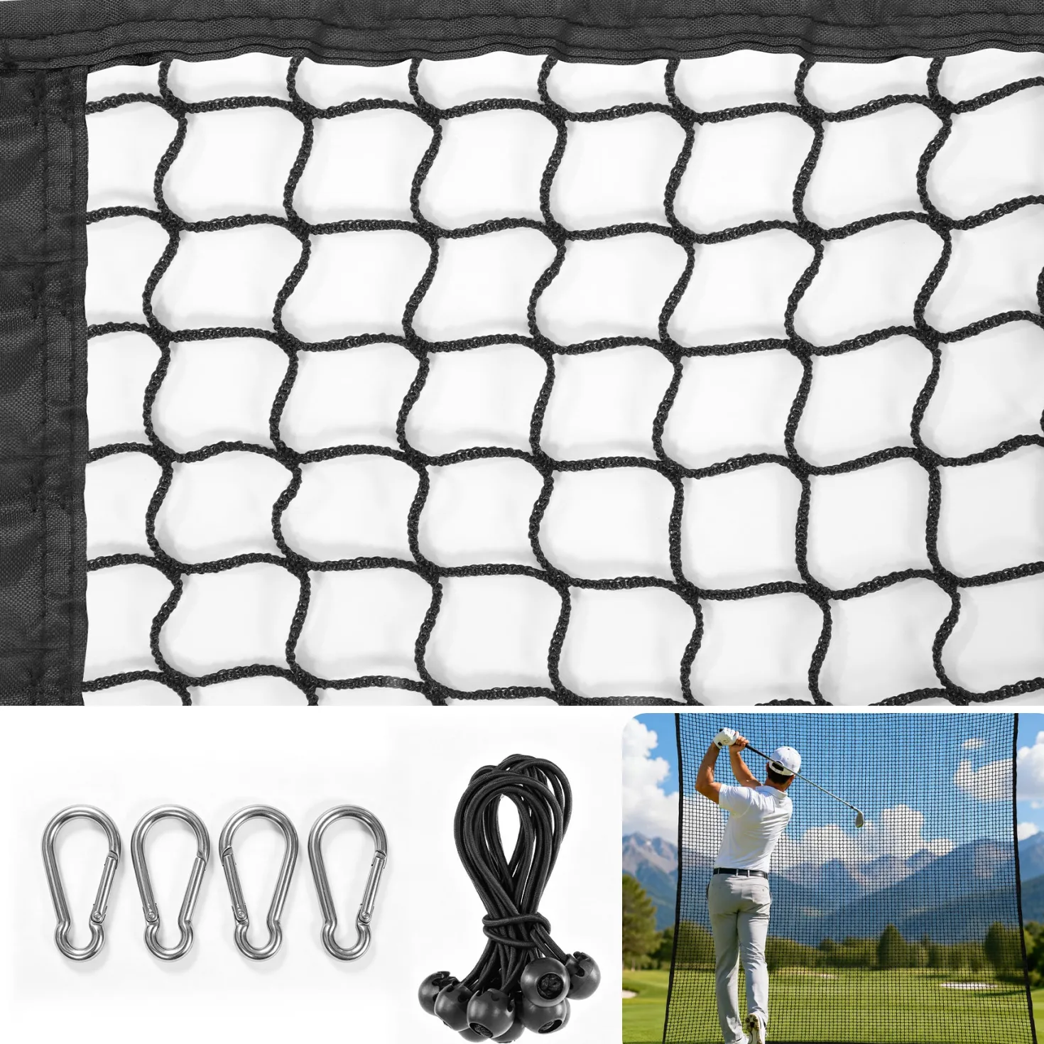 Sports Netting, Nylon Golf Net 10x10, High Impact Golf Practice Net for Backyard, 4 Hooks & 12 Bungee Cords
