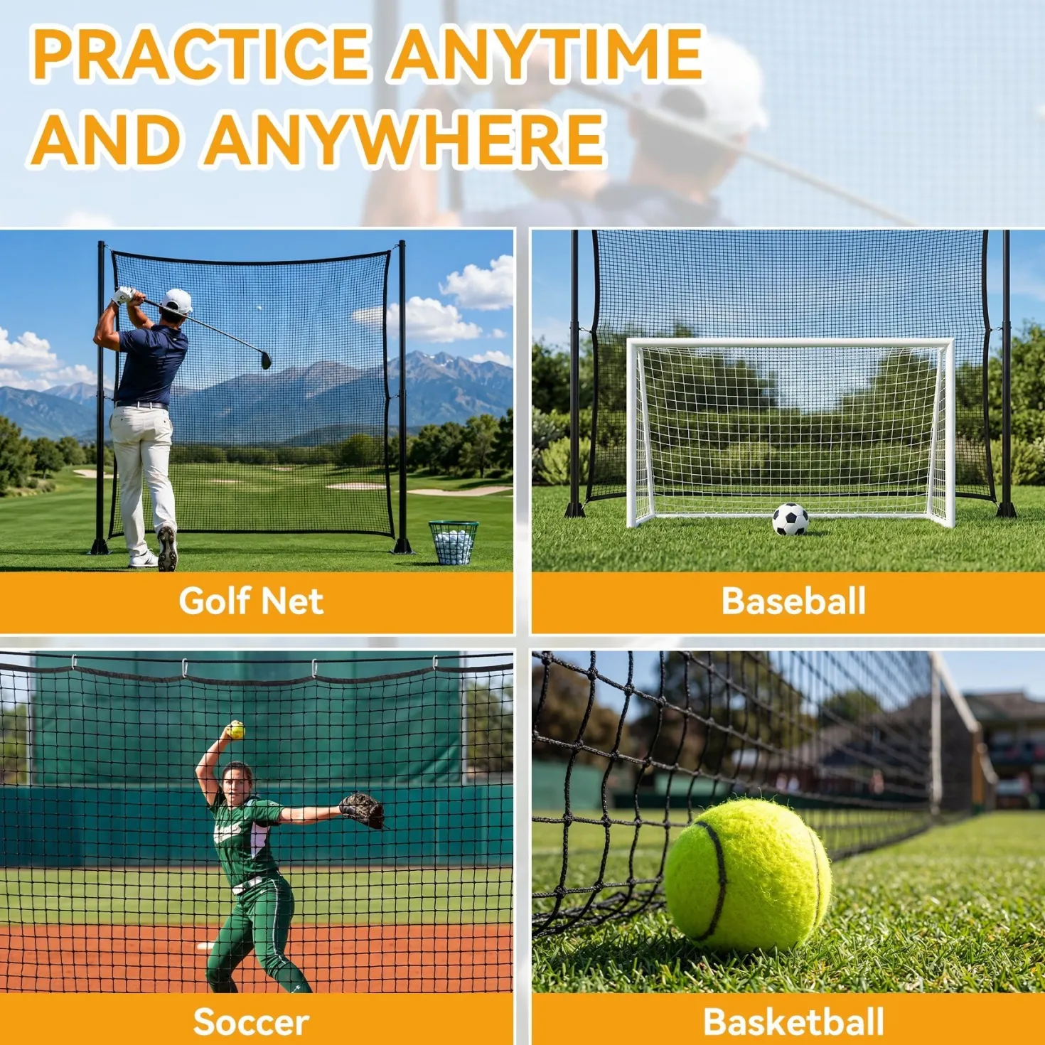 Sports Netting, Nylon Golf Net 10x10, High Impact Golf Practice Net for Backyard, 4 Hooks & 12 Bungee Cords