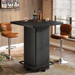 Square Bar Table, 39.37" Bistro Pub Table with Metal Frame Footrest