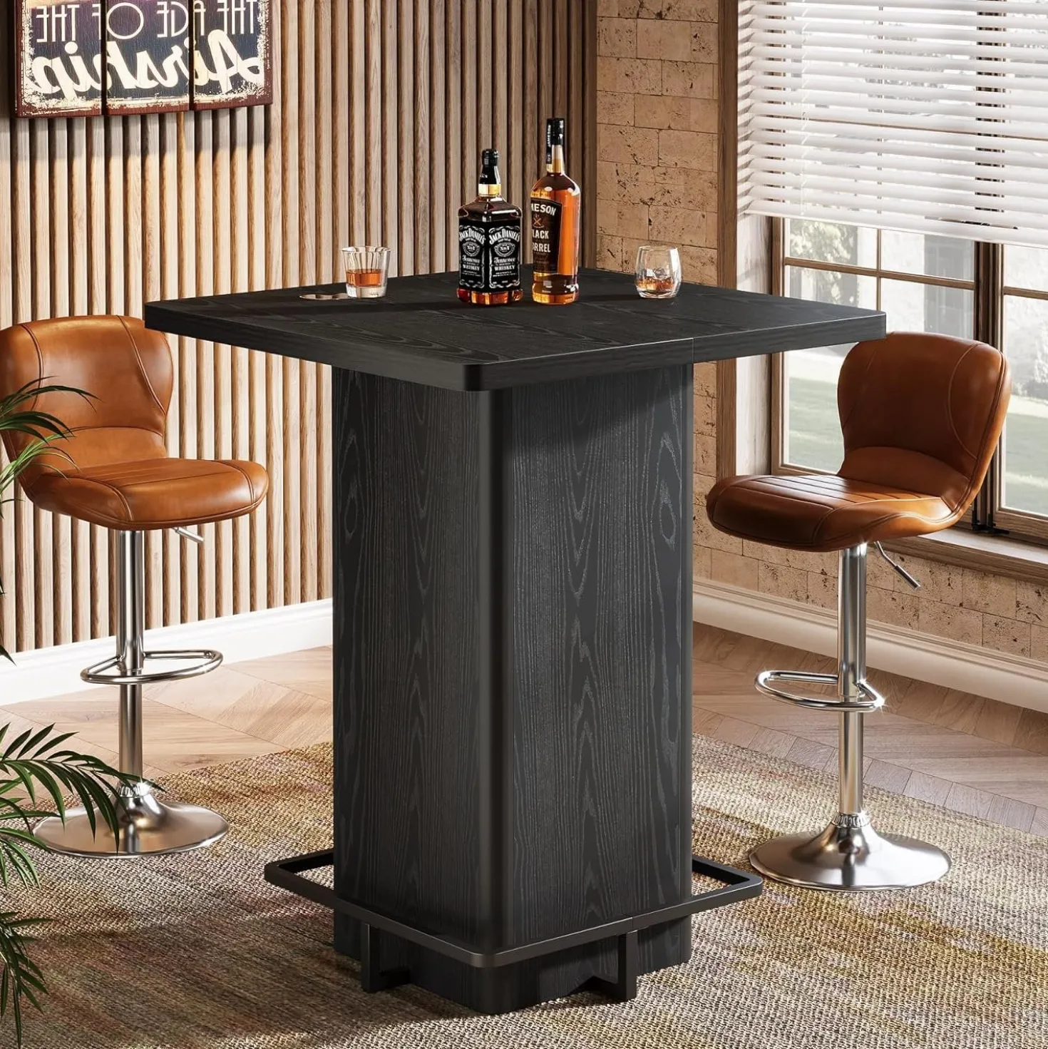 Square Bar Table, 39.37" Bistro Pub Table with Metal Frame Footrest