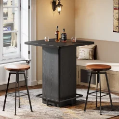 Square Bar Table, 39.37" Bistro Pub Table with Metal Frame Footrest