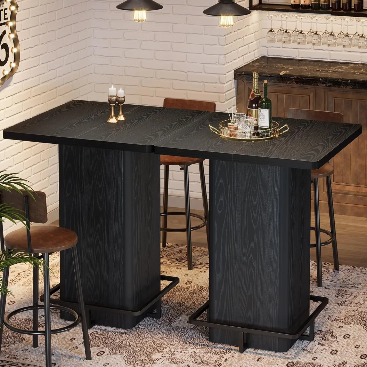 Square Bar Table, 39.37" Bistro Pub Table with Metal Frame Footrest