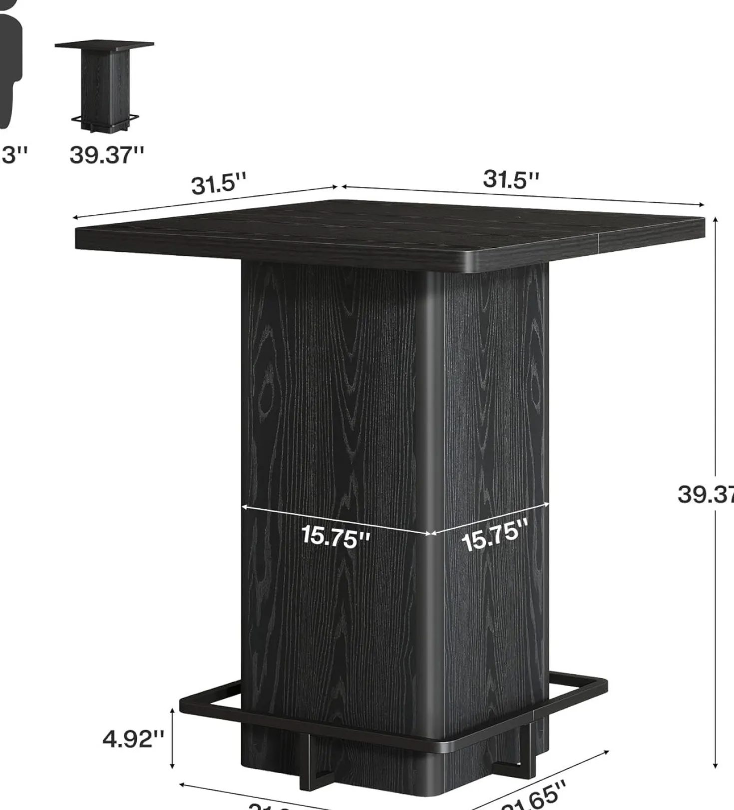 Square Bar Table, 39.37" Bistro Pub Table with Metal Frame Footrest