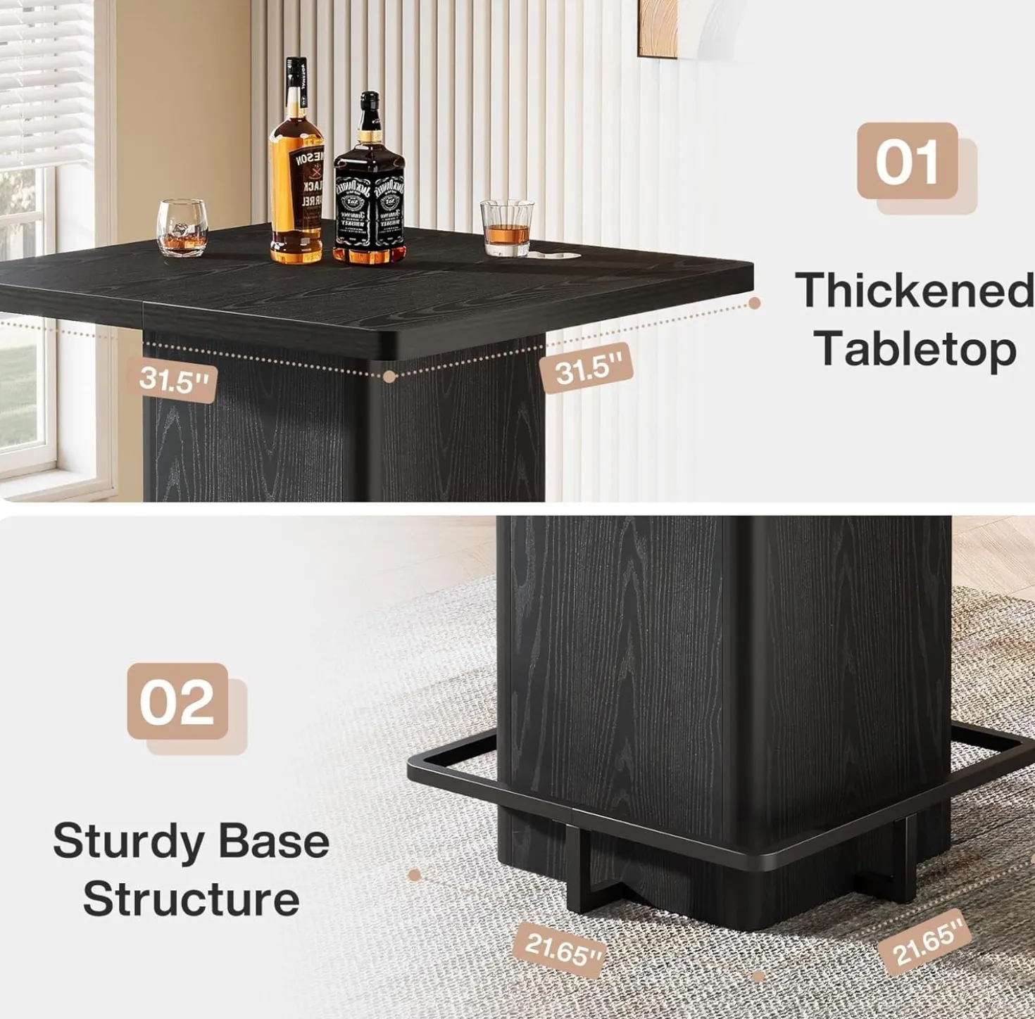 Square Bar Table, 39.37" Bistro Pub Table with Metal Frame Footrest