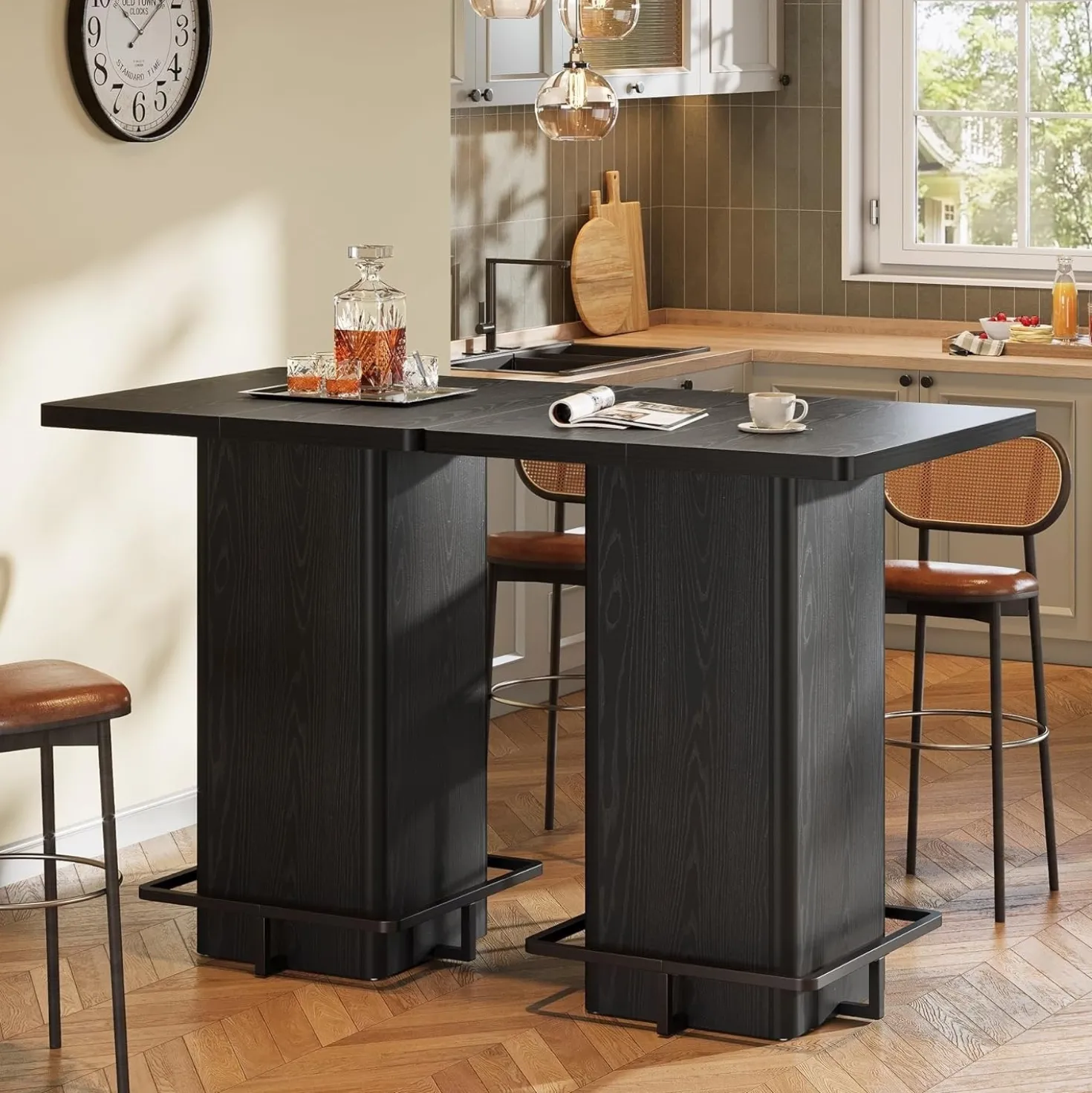 Square Bar Table, 39.37" Bistro Pub Table with Metal Frame Footrest