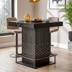 Square Bar Table, 37.4" High Wooden Pub Table with Metal Footrest