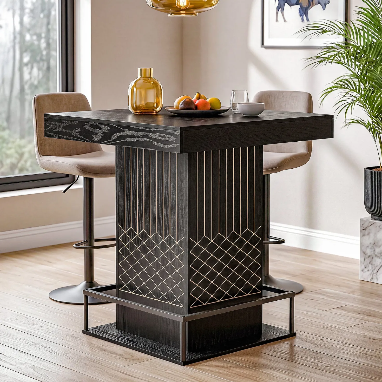 Square Bar Table, 37.4" High Wooden Pub Table with Metal Footrest