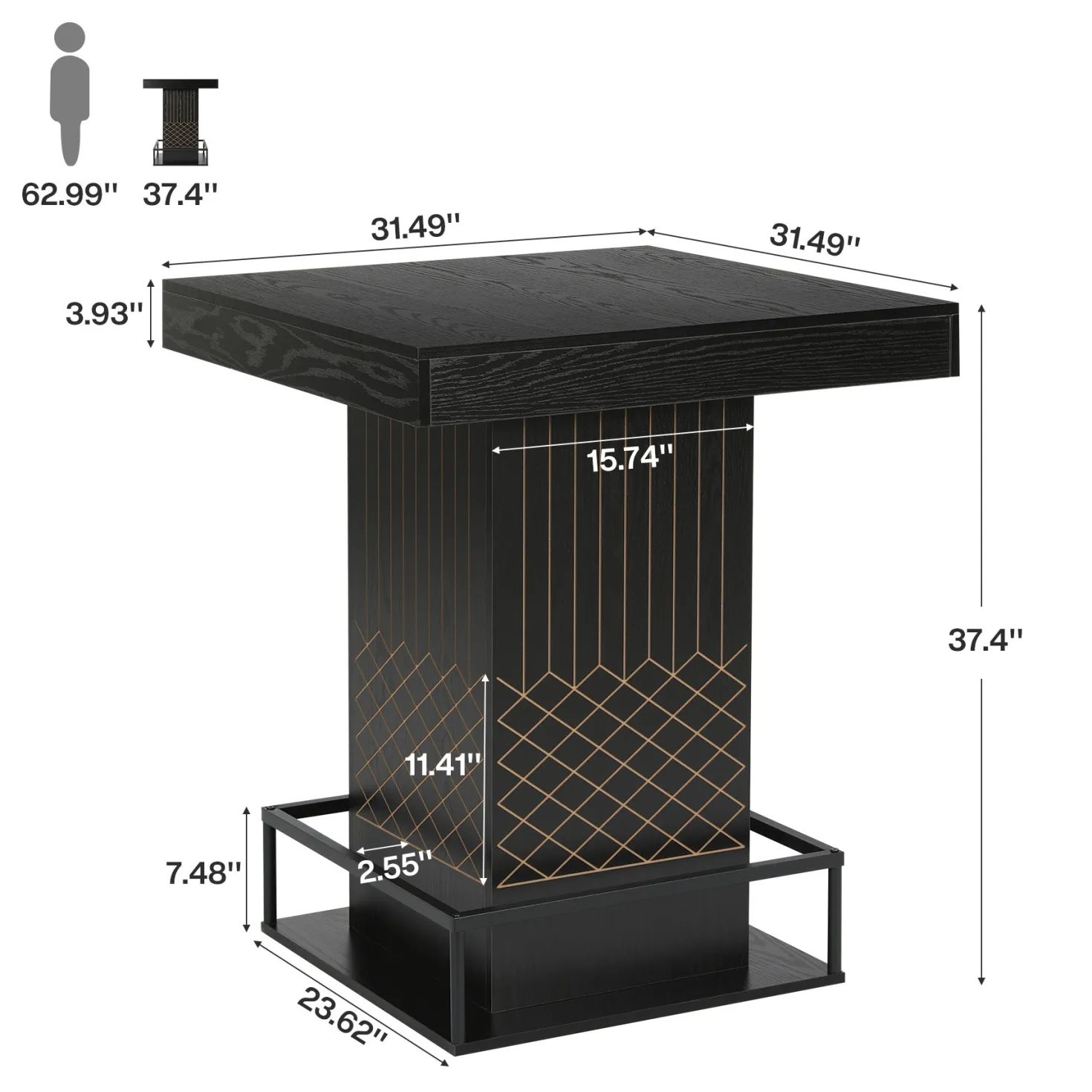 Square Bar Table, 37.4" High Wooden Pub Table with Metal Footrest