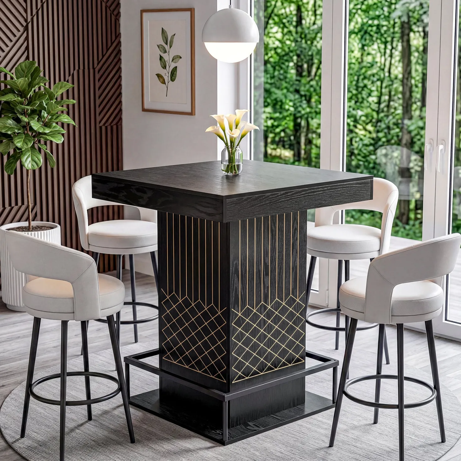 Square Bar Table, 37.4" High Wooden Pub Table with Metal Footrest