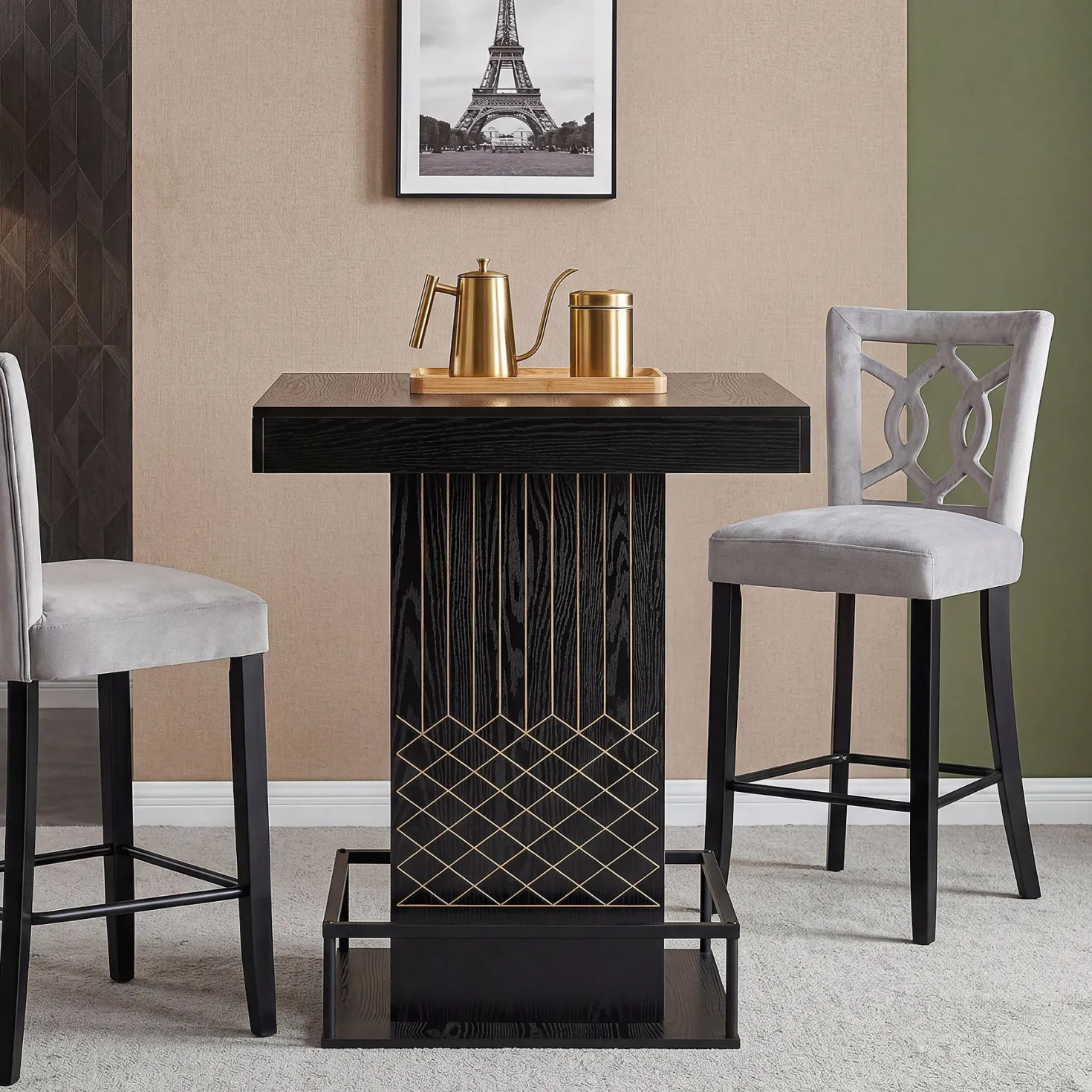 Square Bar Table, 37.4" High Wooden Pub Table with Metal Footrest