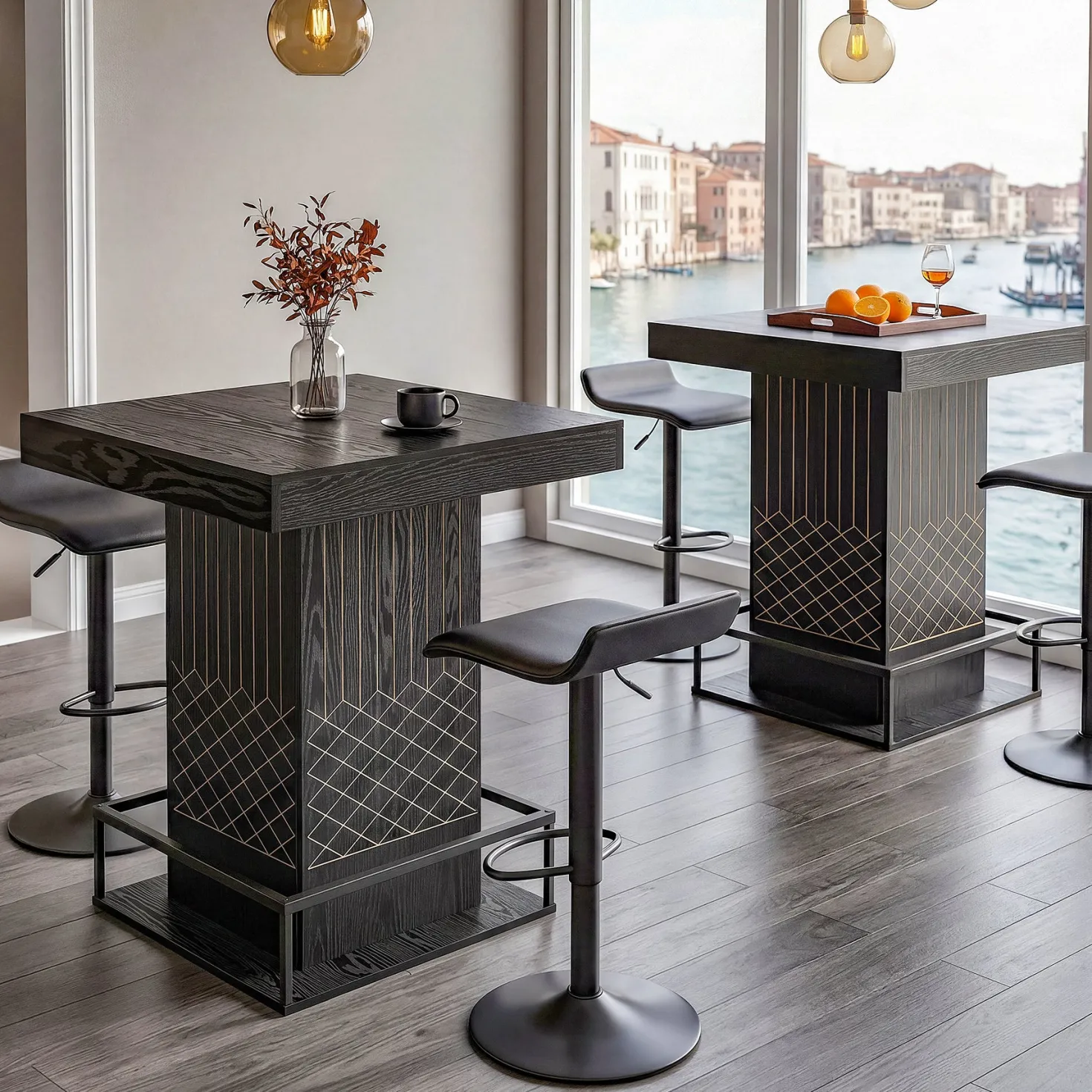 Square Bar Table, 37.4" High Wooden Pub Table with Metal Footrest