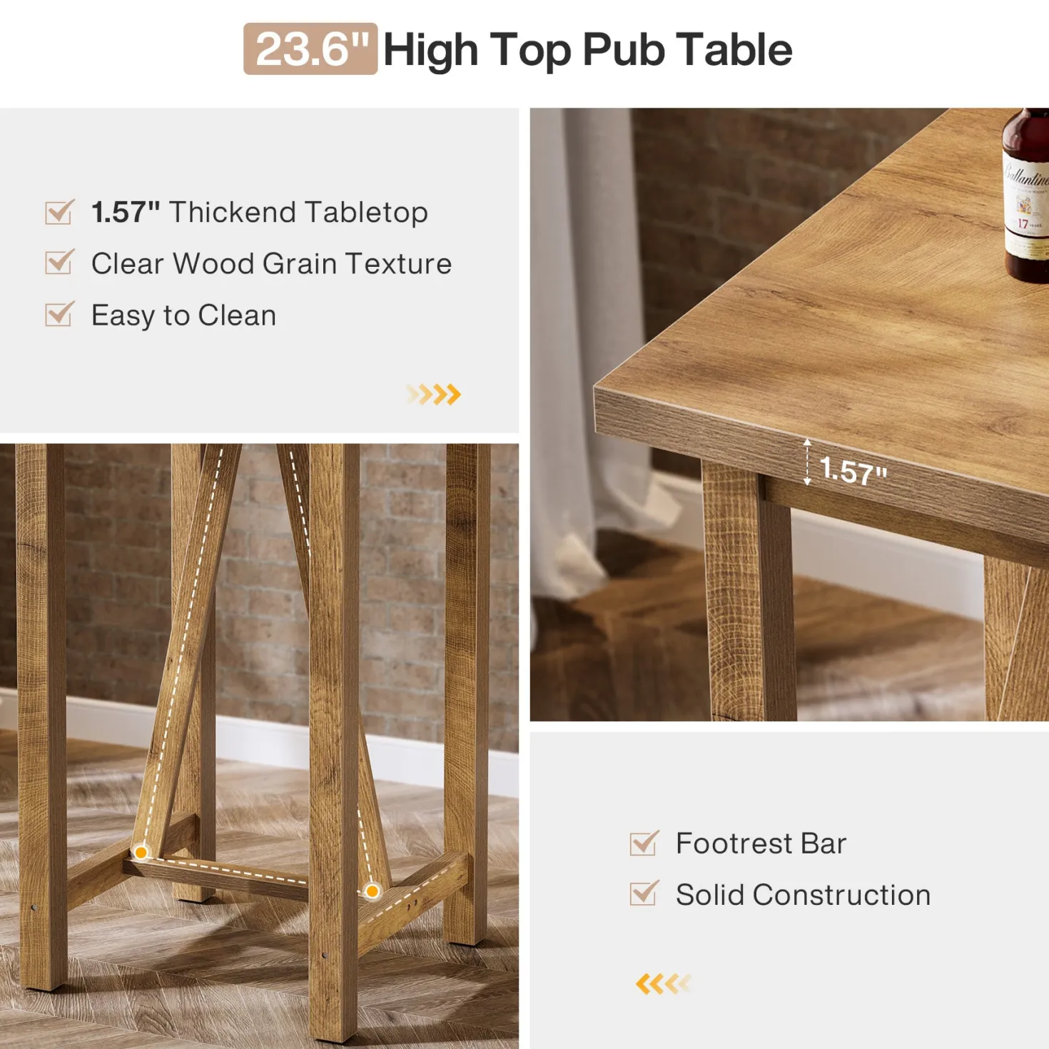 Square Bar Table, 39.4" Tall Counter Height Pub Table Cocktail Table