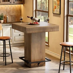 Square Bar Table, Industrial Bistro Pub Table with Metal Footrest