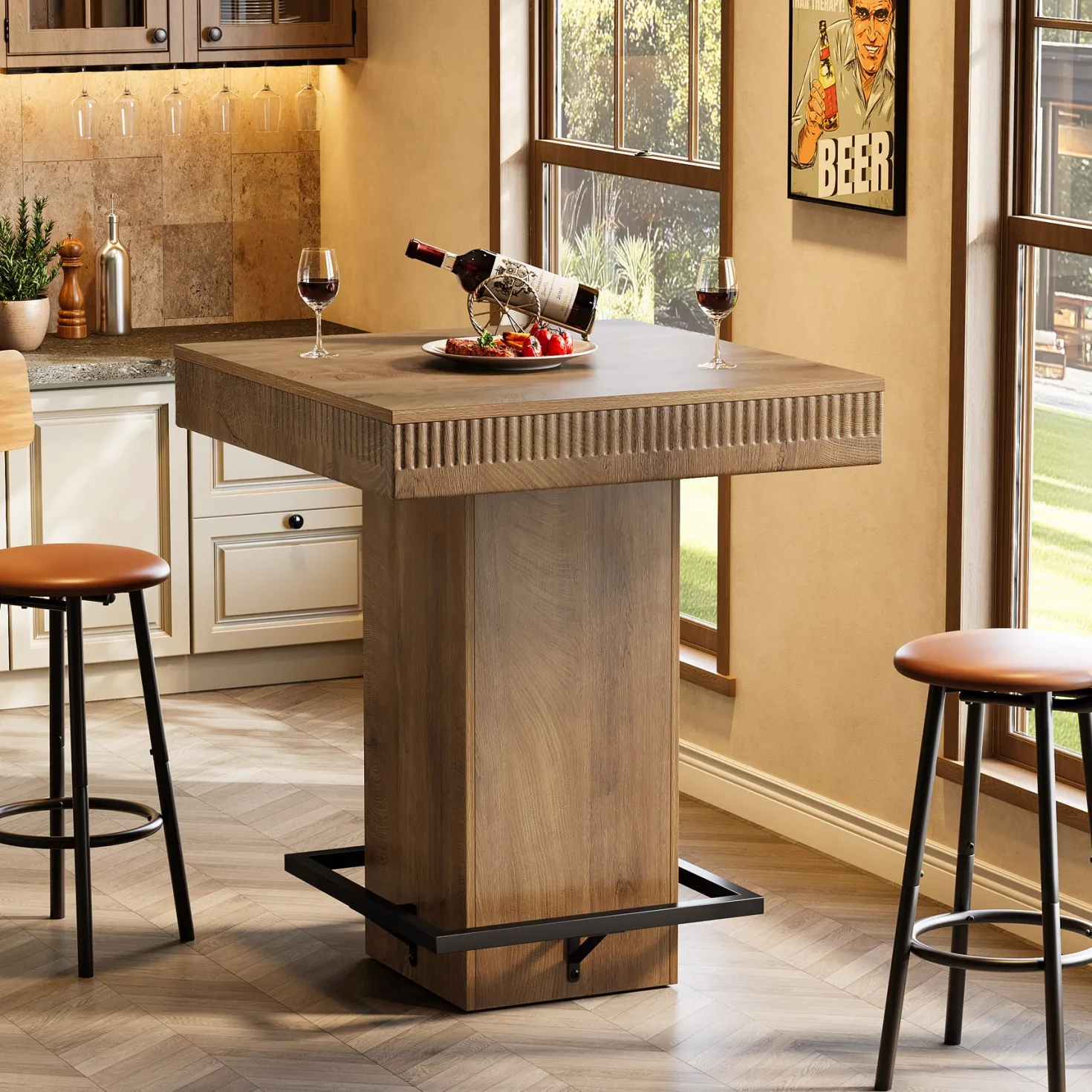 Square Bar Table, Industrial Bistro Pub Table with Metal Footrest