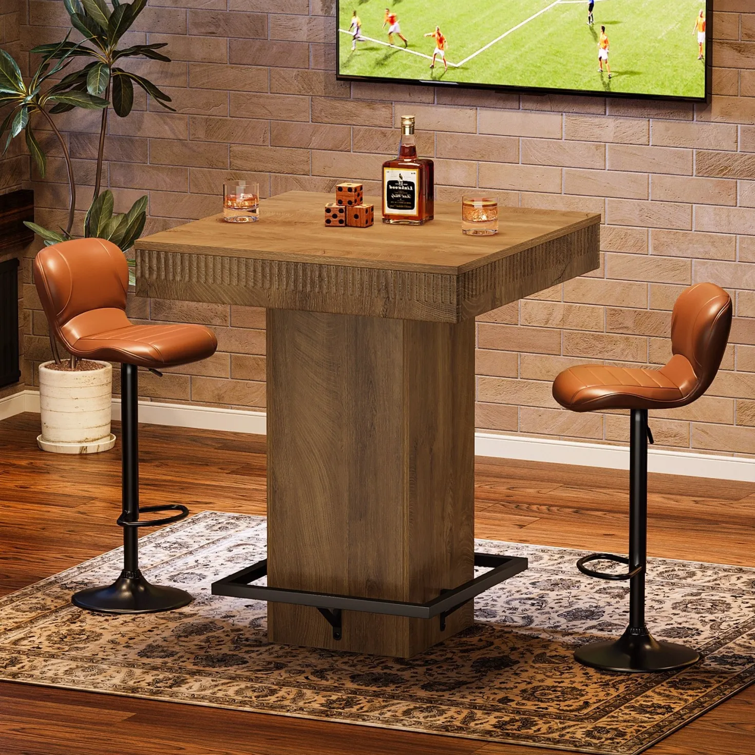 Square Bar Table, Industrial Bistro Pub Table with Metal Footrest