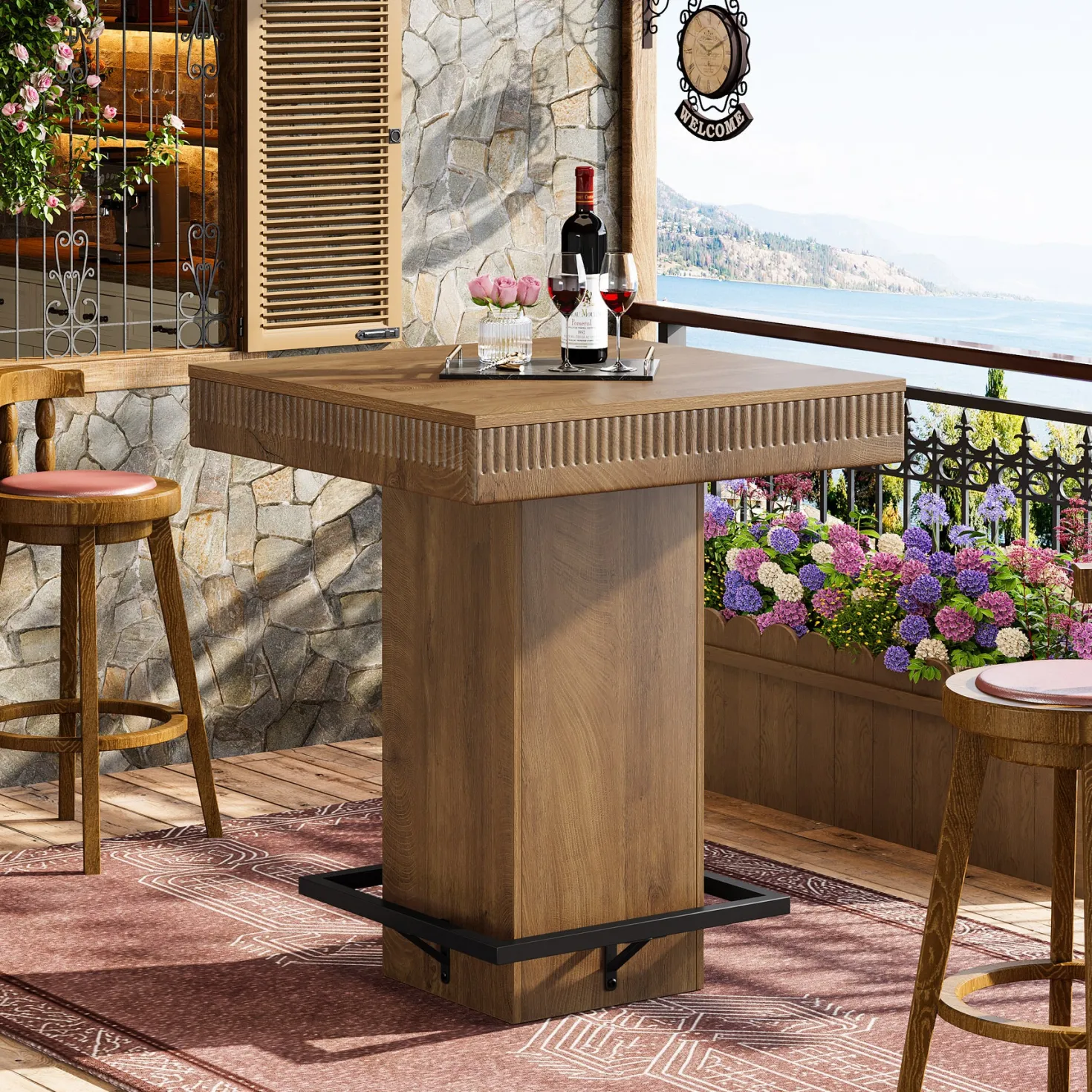 Square Bar Table, Industrial Bistro Pub Table with Metal Footrest